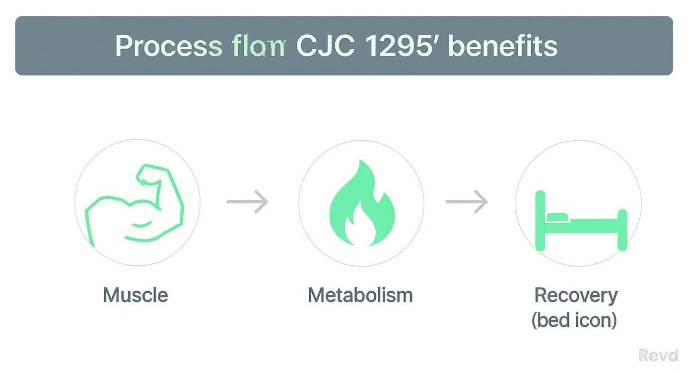 Process flow diagram illustrating CJC 1295 benefits: muscle growth, improved metabolism, and enhanced recovery.