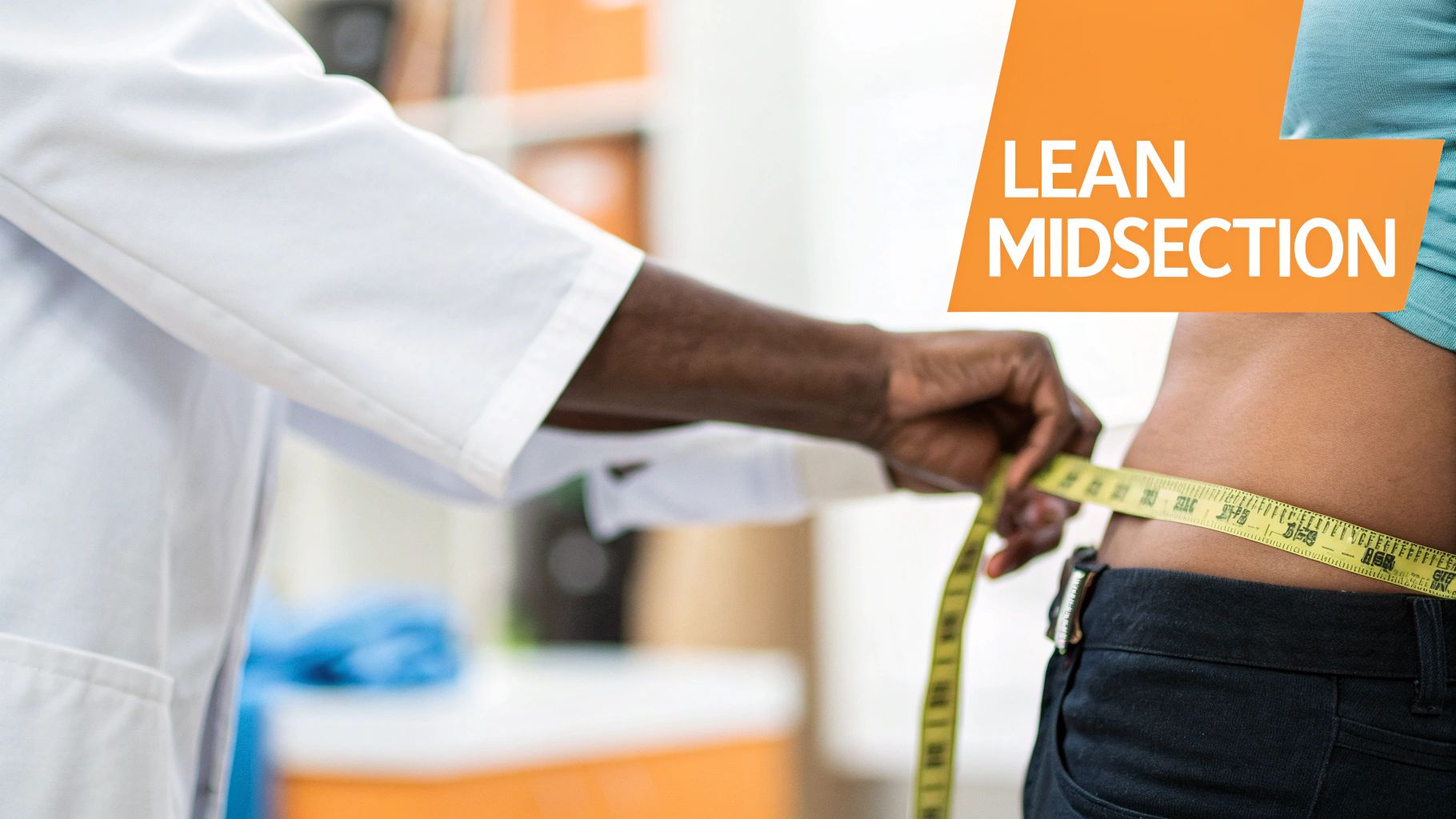 A medical professional in a white coat measures a person's waist with a tape measure, emphasizing a lean midsection.