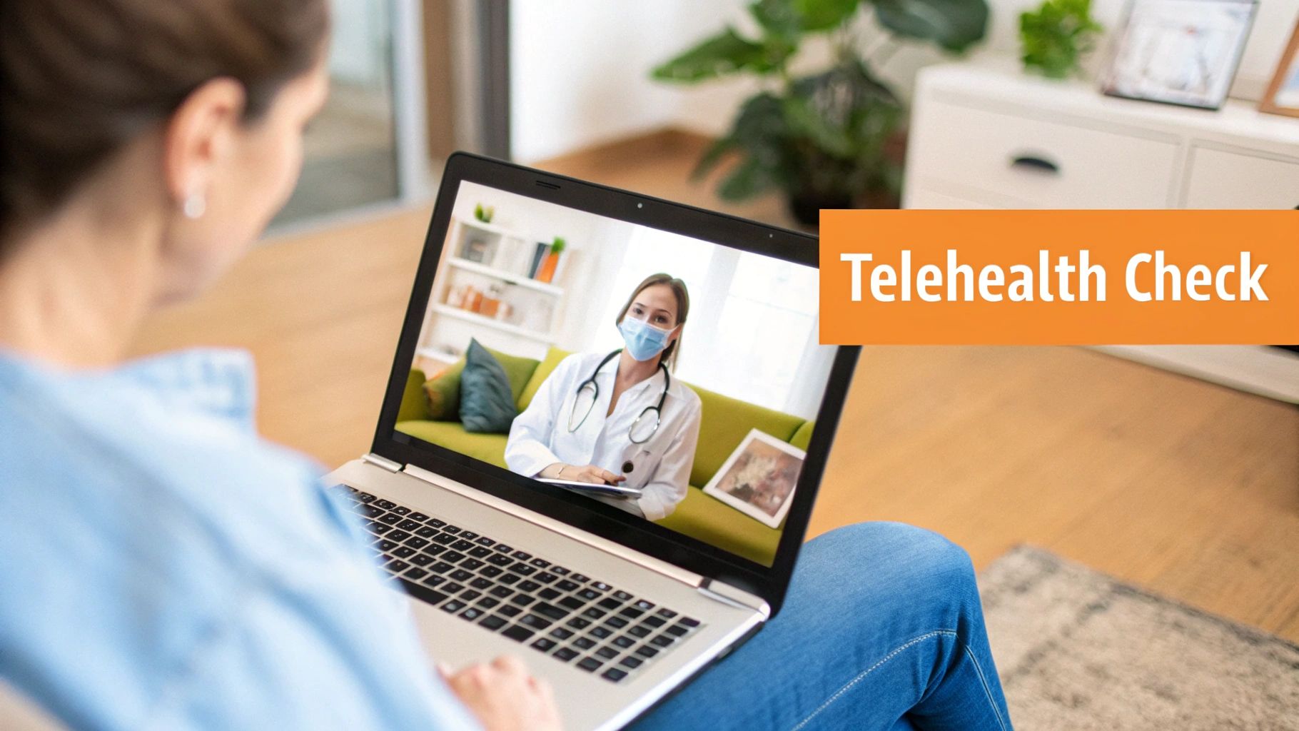 A person on a laptop video calling a masked doctor for a telehealth check-up.