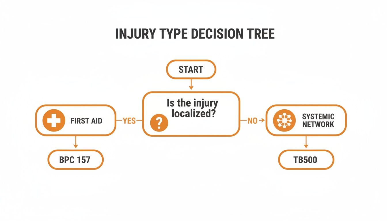 Decision tree flowchart for injury types, guiding localized injuries to BPC 157 and systemic to TB500.