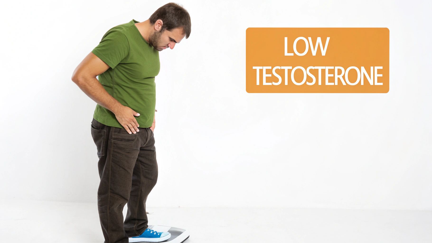 Concerned man on a weight scale, looking at his belly, with a 'Low Testosterone' sign.
