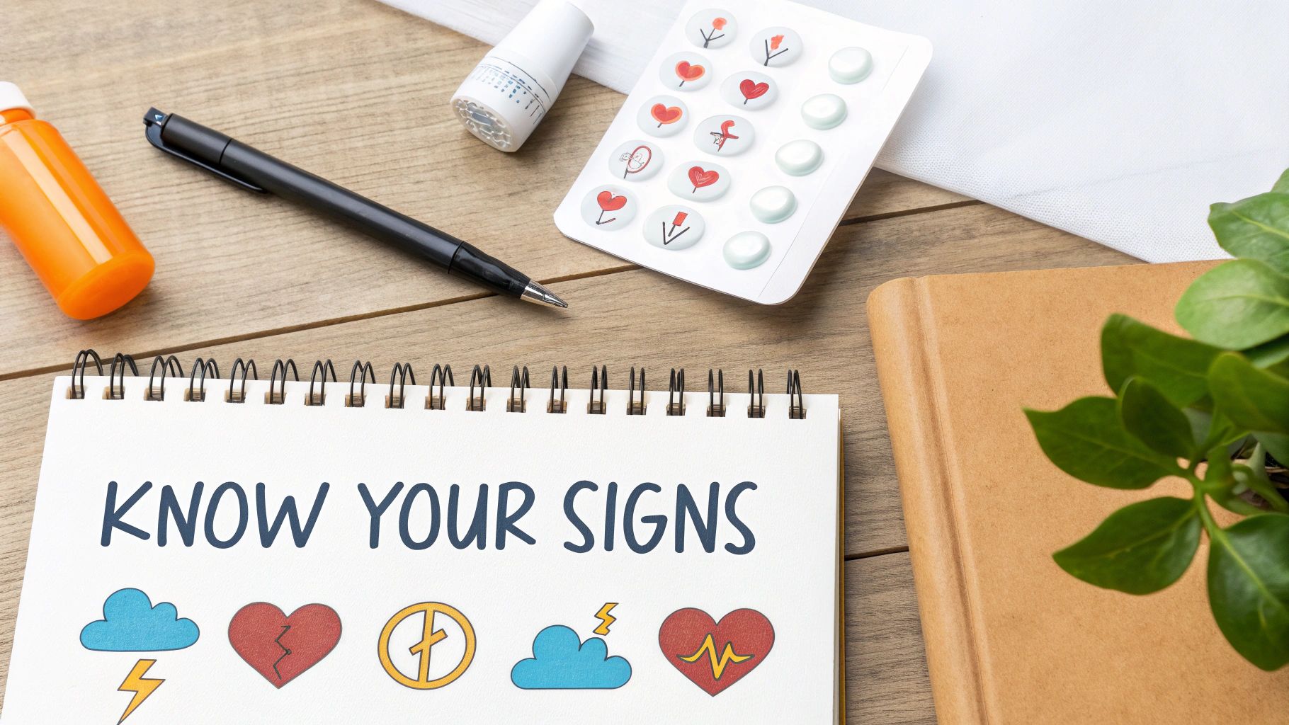 Flat lay of medical items on a wooden desk, including a notebook with 'KNOW YOUR SIGNS'.