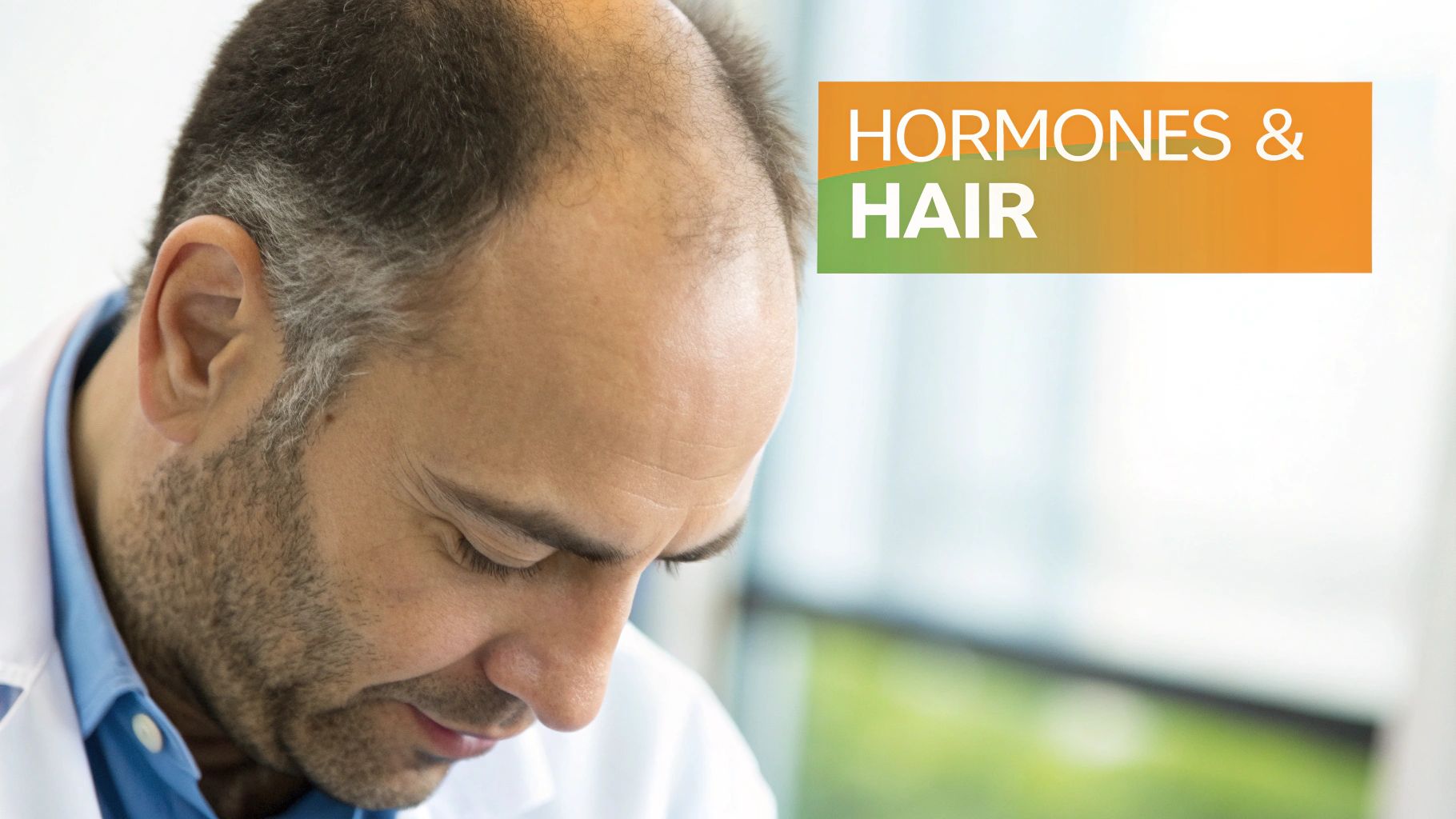 Close-up of a man with male pattern baldness and graying hair, with 'HORMONES & HAIR' text overlay.