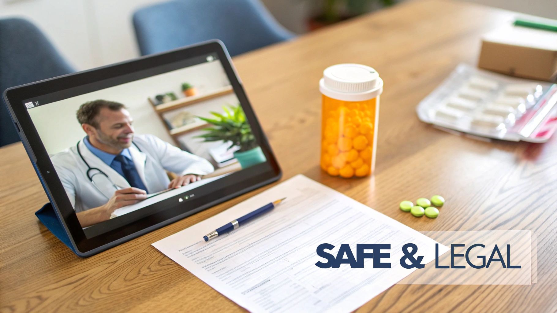 Telehealth consultation with a male doctor on a tablet, surrounded by various medications and a document on a wooden table, emphasizing safe and legal online prescriptions.