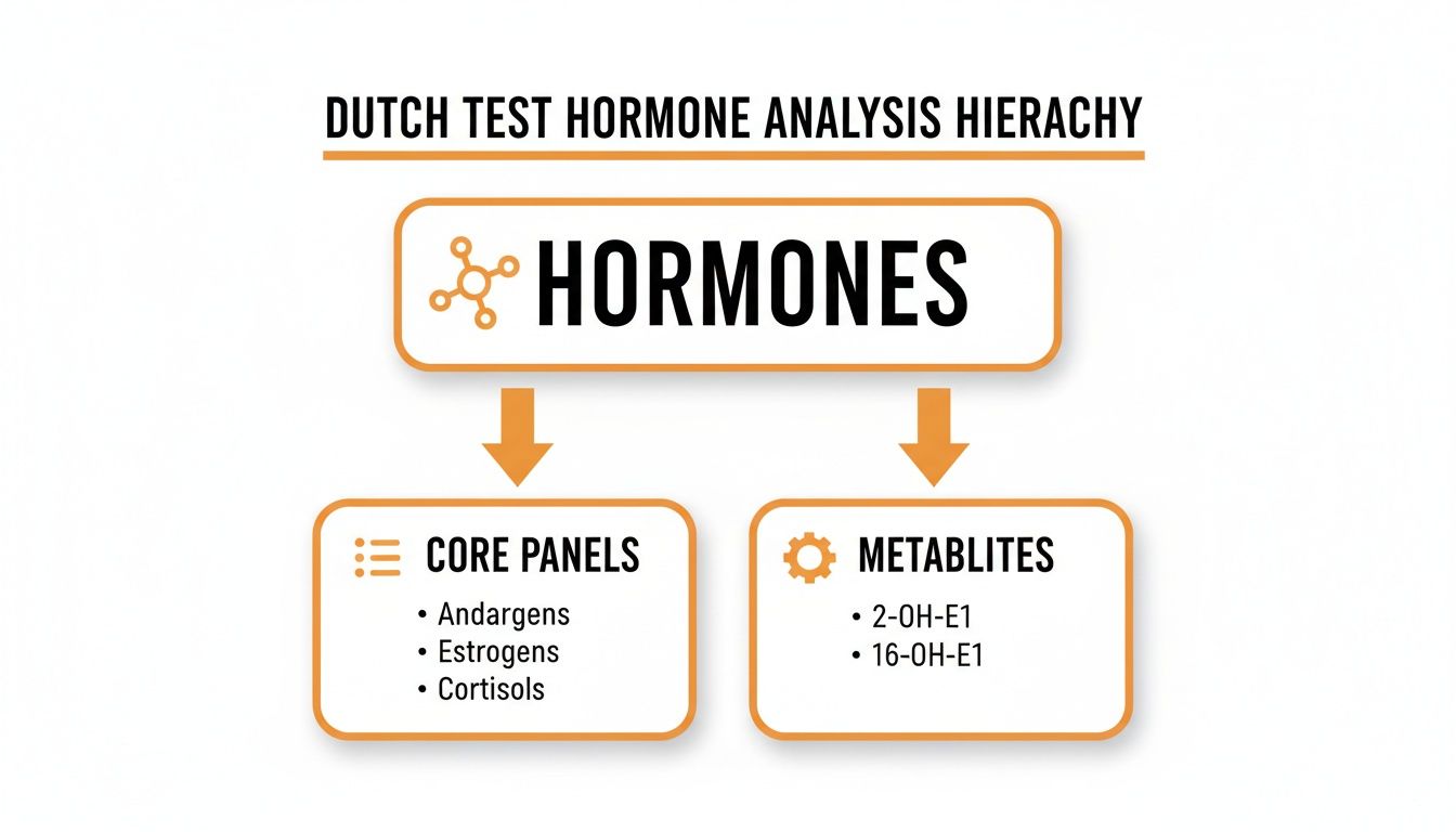 Diagram illustrating Dutch Test hormone analysis hierarchy, showing hormones, core panels, and metabolites.