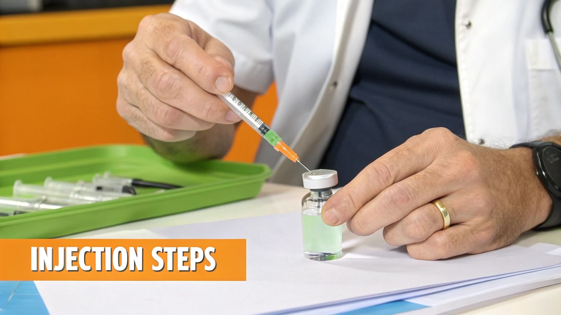 A person marking an injection site on their thigh, with medical supplies neatly arranged on a clean surface.