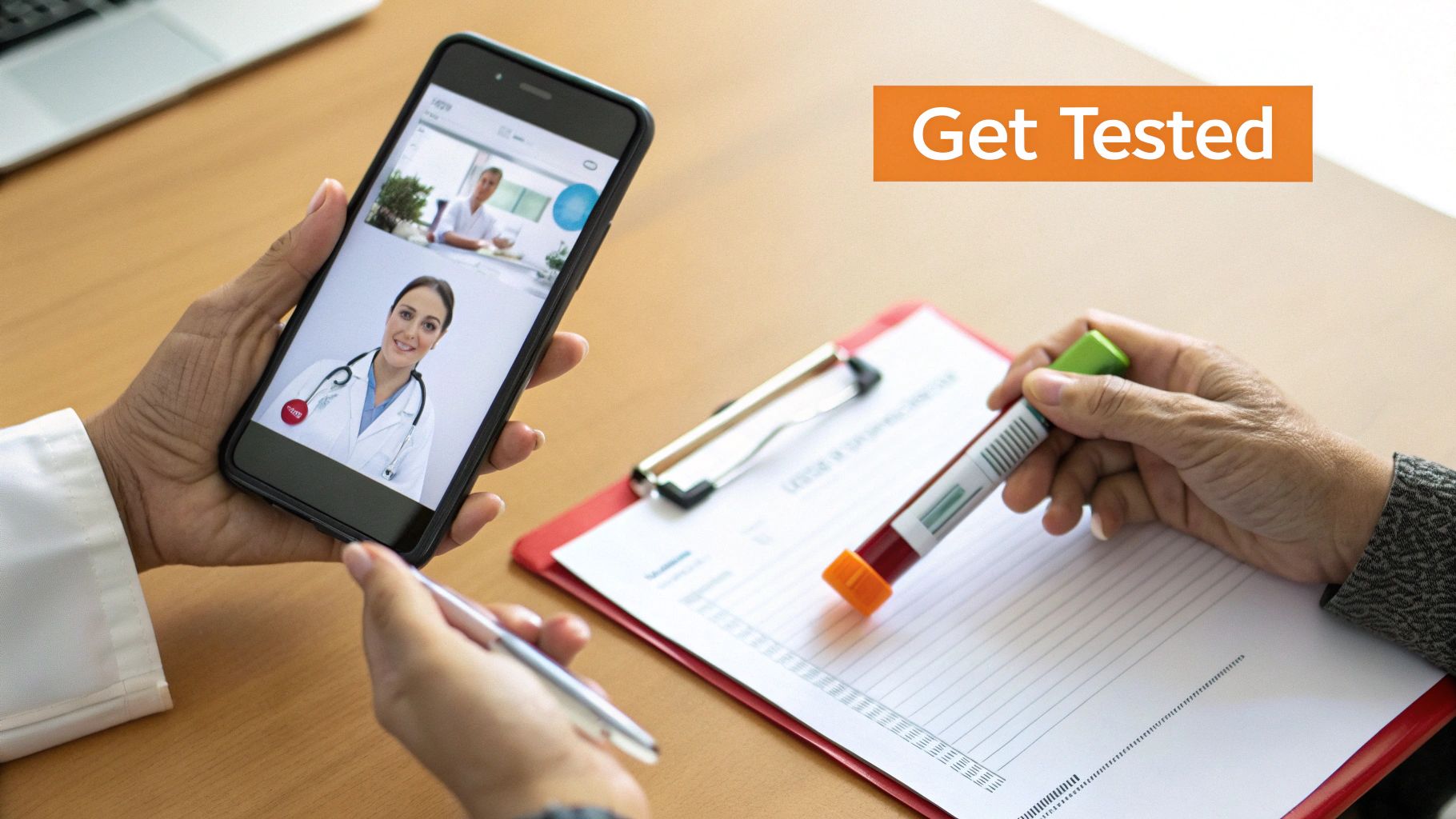 Hands engaged in a telehealth video call with a doctor, holding a blood sample tube and a pen over a form, with 'Get Tested' overlay.