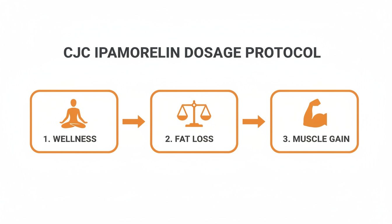 CJC Ipamorelin dosage protocol diagram illustrating wellness, fat loss, and muscle gain steps.