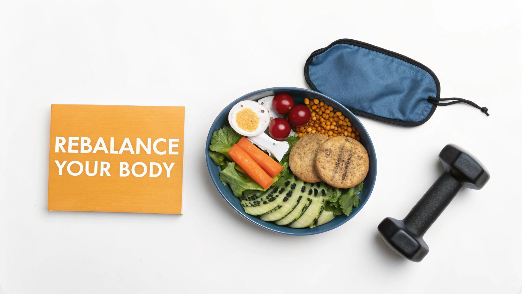 Overhead view of a healthy meal bowl with a dumbbell, sleep mask, and a 'REBALANCE YOUR BODY' sign, representing a balanced lifestyle.