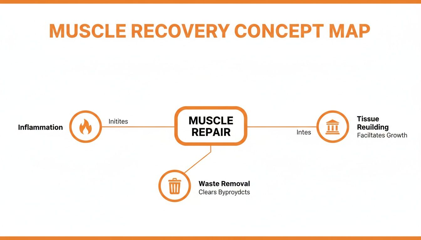 A concept map illustrating the muscle recovery process, showing inflammation leading to repair, then tissue rebuilding and waste removal.