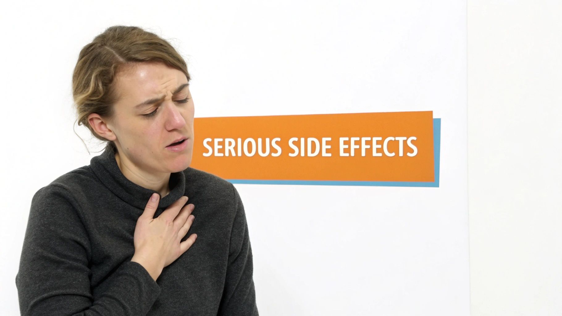 Distressed woman holding her chest, with "SERIOUS SIDE EFFECTS" banner in the background.