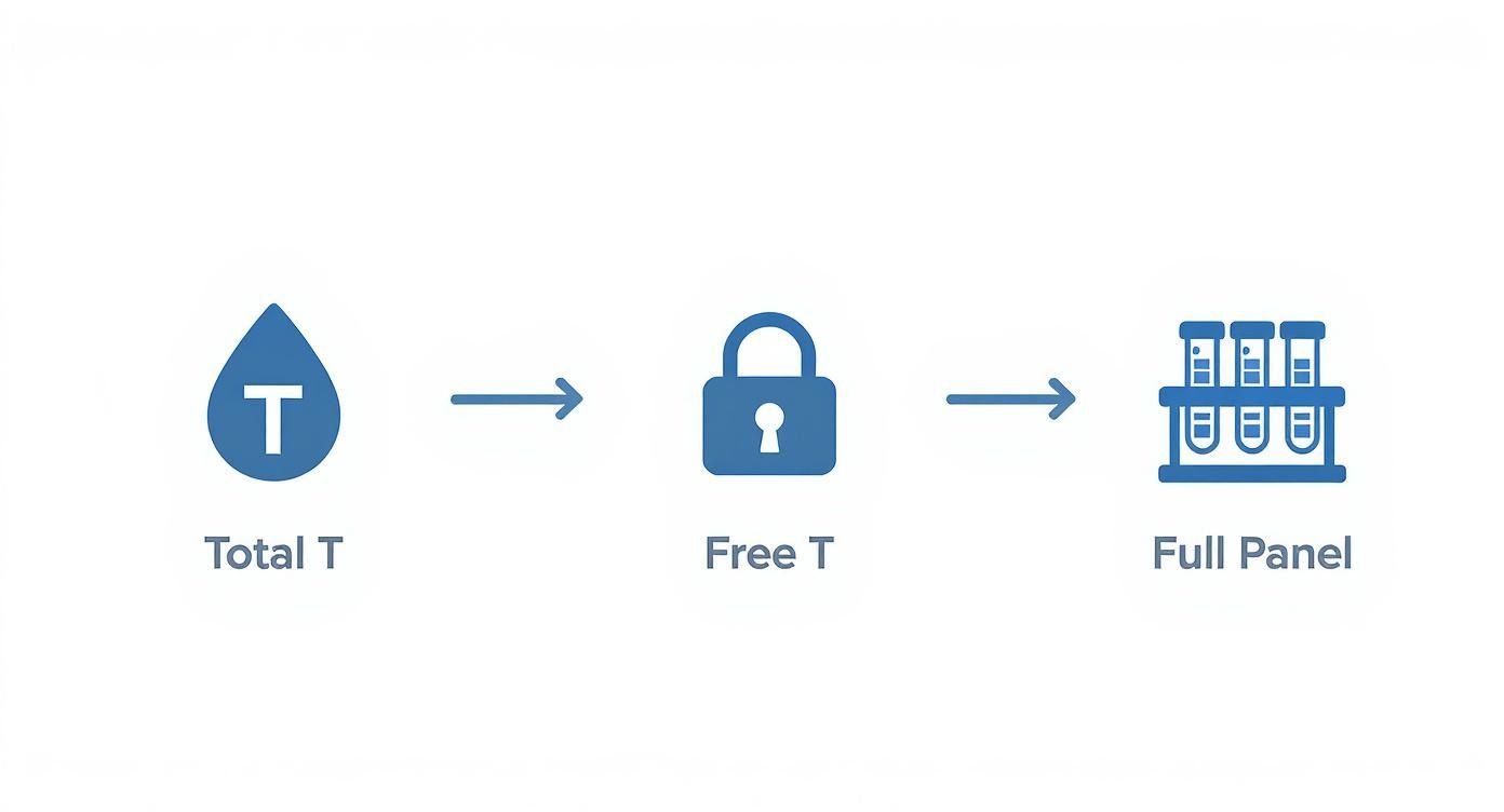 Flowchart illustrating the progression from Total T to Free T to a Full Panel testosterone test.