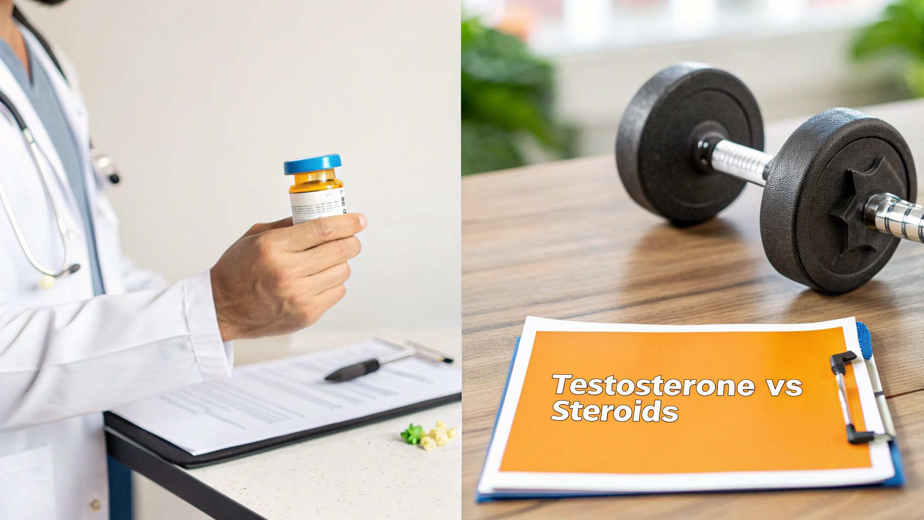 A doctor holds a pill bottle, while a dumbbell and document on testosterone vs steroids are on a table.