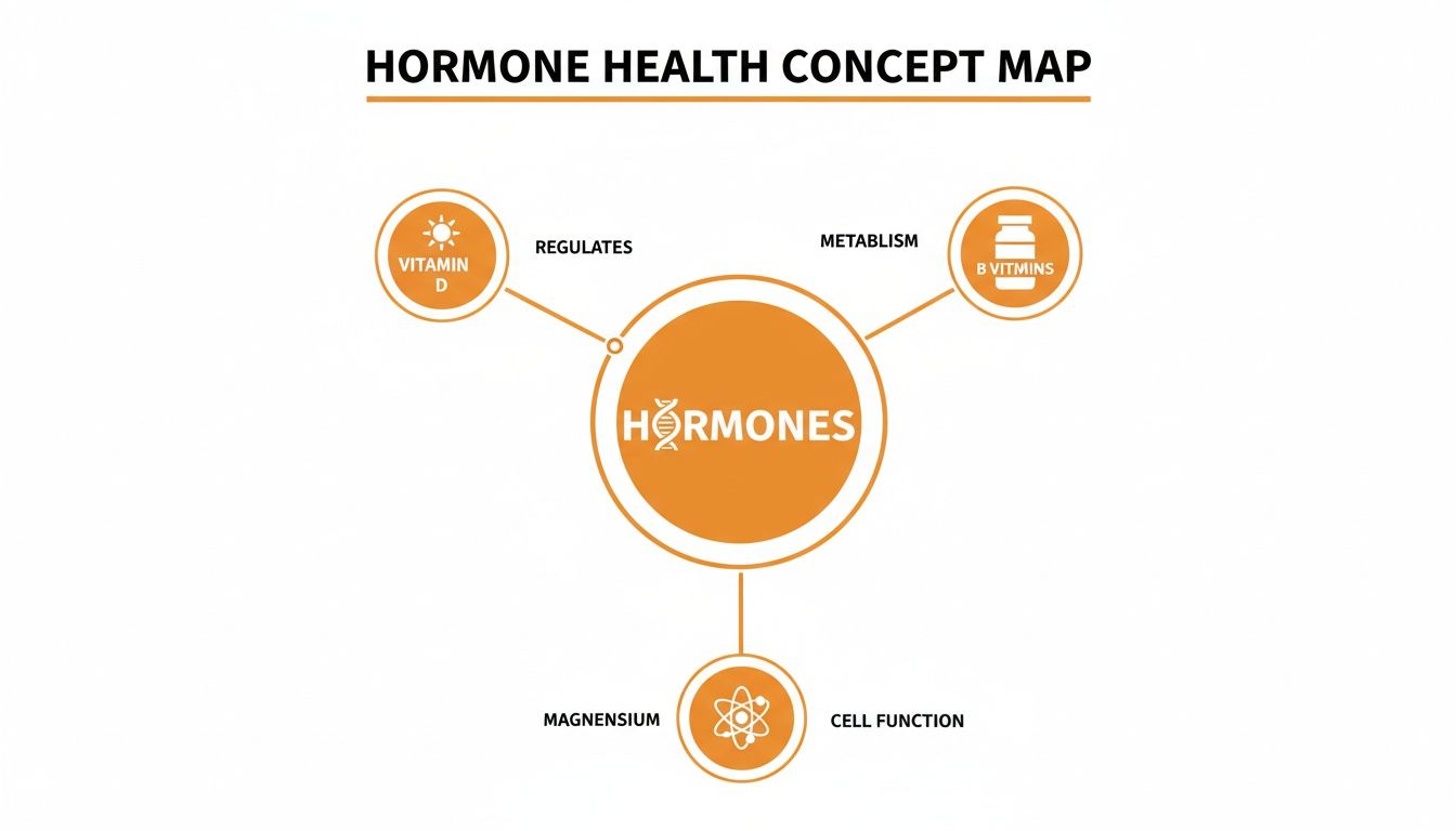 A concept map illustrating hormone health, showing connections between hormones, Vitamin D, B Vitamins, and Magnesium.
