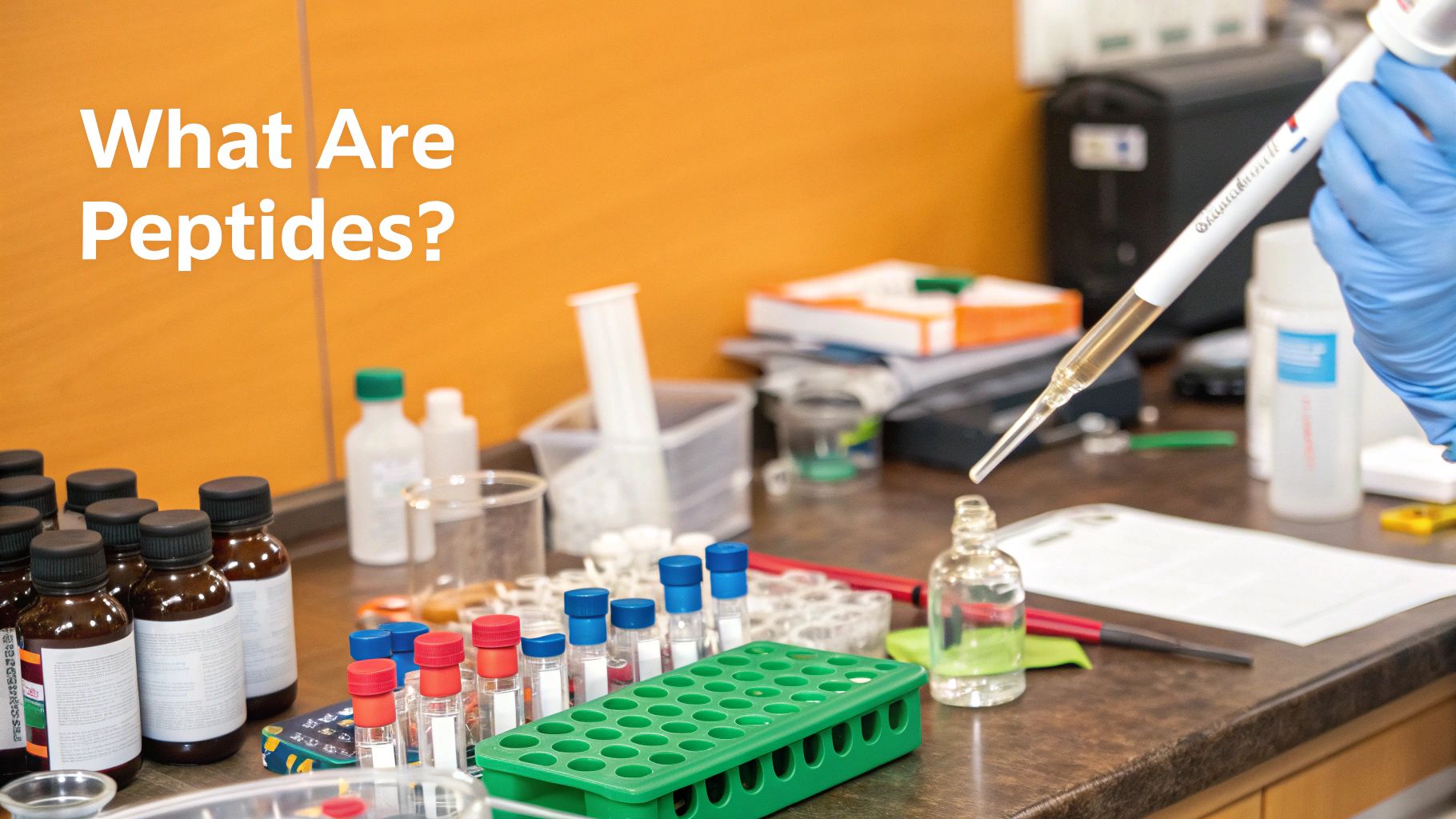 A scientist in a lab carefully handling a peptide solution, representing the precision of peptide therapy.