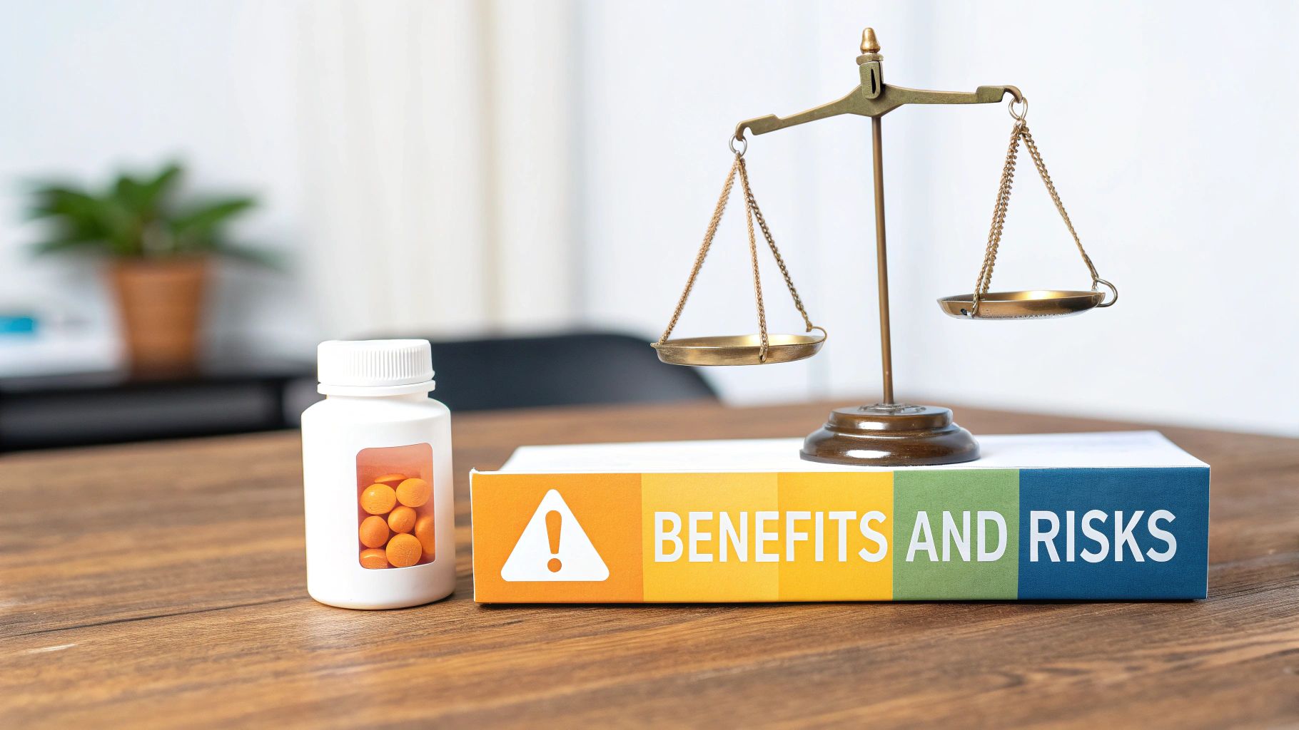 Brass balance scales beside pill bottle and benefits and risks sign on wooden desk