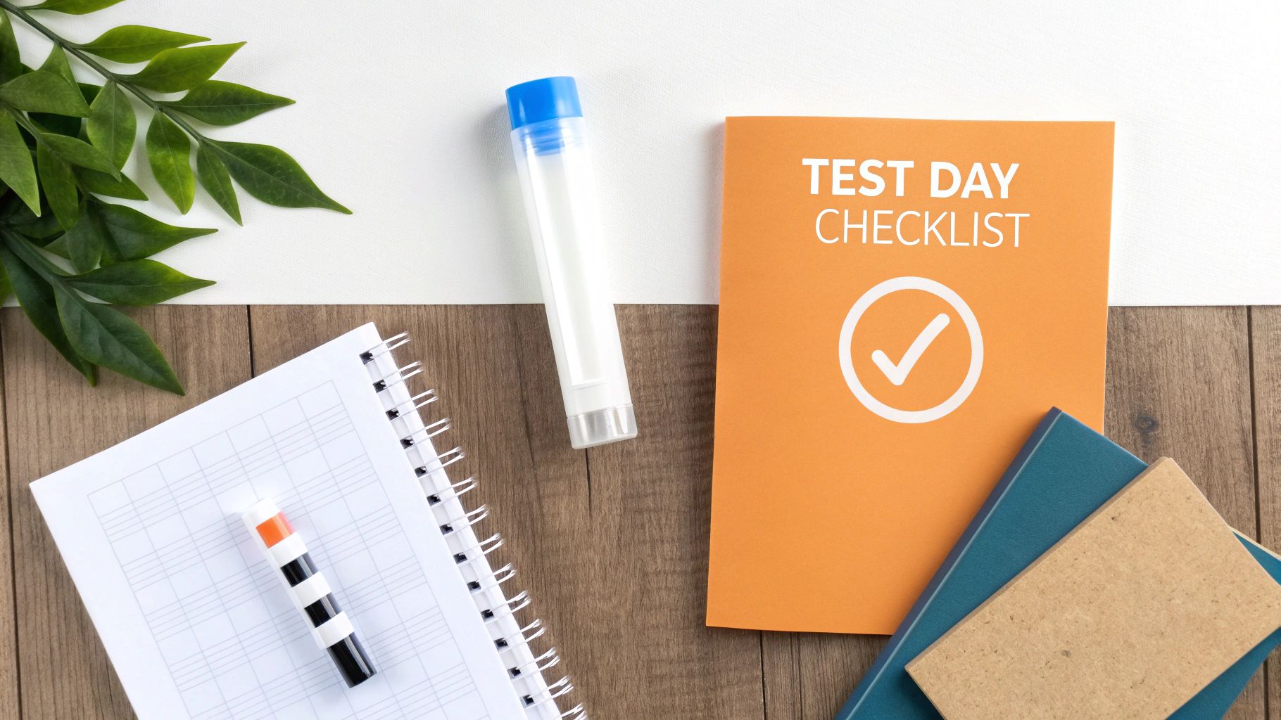 Flat lay of a 'Test Day Checklist' booklet, notebook, pen, and tube on a wooden desk.