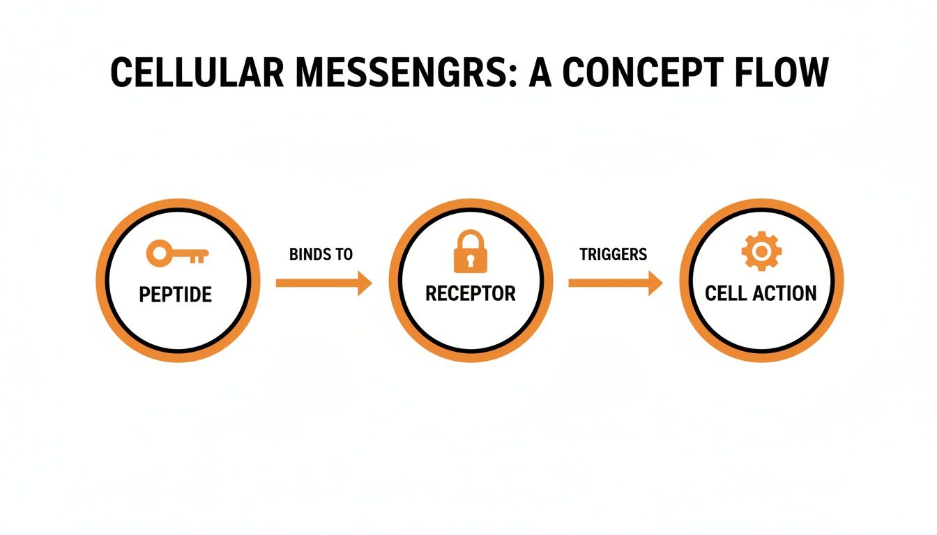 A flowchart illustrates how a peptide binds to a receptor, triggering a cellular action.