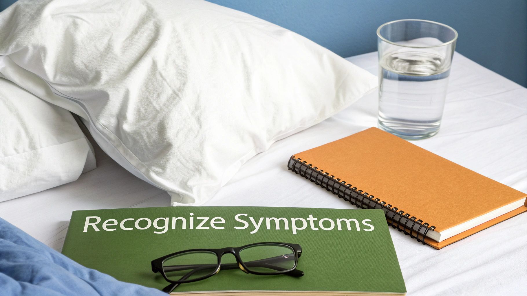 Bedside table with symptom recognition book, notebook, water glass, and reading glasses for health tracking