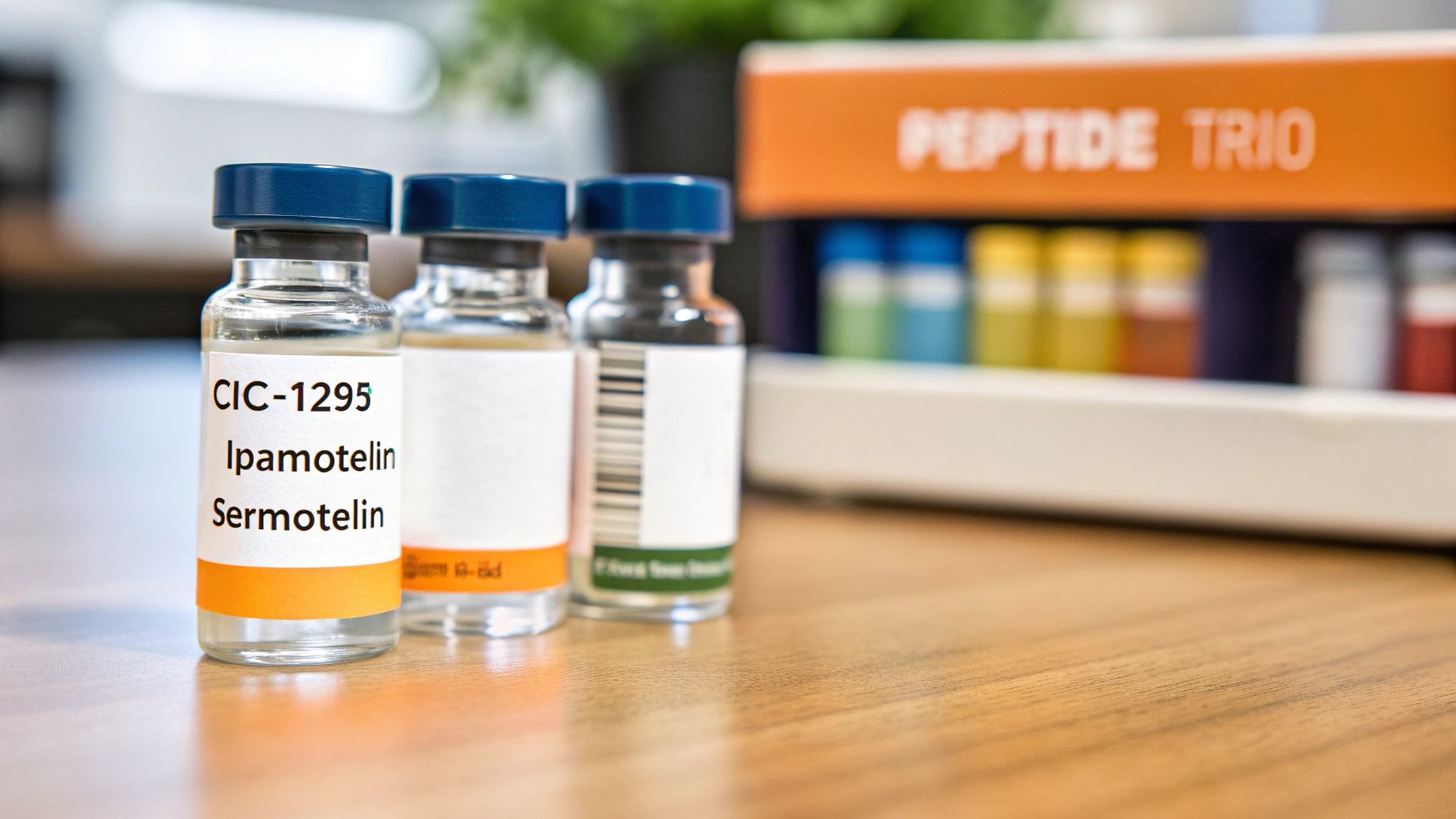 Illustration of interconnected gears and glowing energy lines, representing the synergistic action of peptides