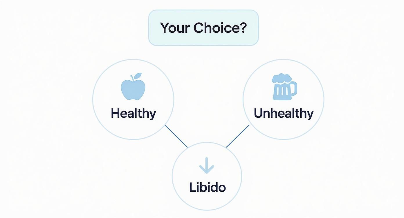 A diagram illustrating how healthy (apple) and unhealthy (beer) choices both impact libido, shown with a downward arrow.