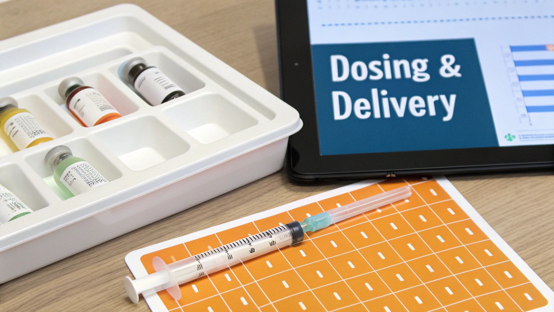Medical vials, syringe, and a tablet displaying 'Dosing & Delivery' for medication preparation.