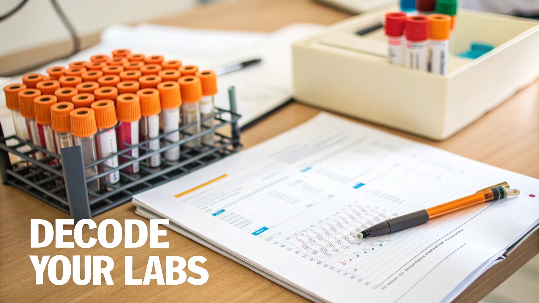 Lab test tubes, documents, and a pen on a desk, with 'DECODE YOUR LABS' text.