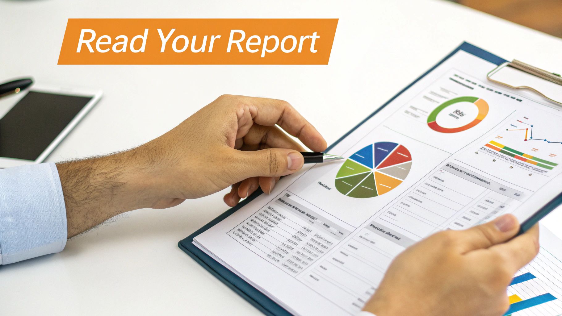 A hand points at a detailed business report with various charts and graphs, 'Read Your Report' text overlayed.