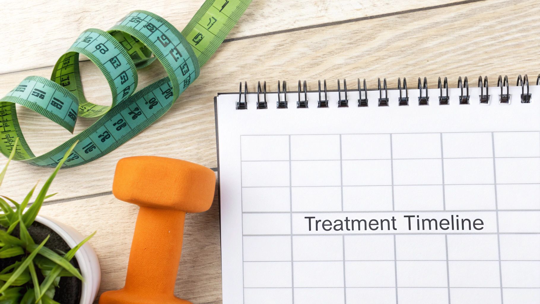 A green measuring tape, orange dumbbell, and a notebook with 'Treatment Timeline' on a wooden desk.