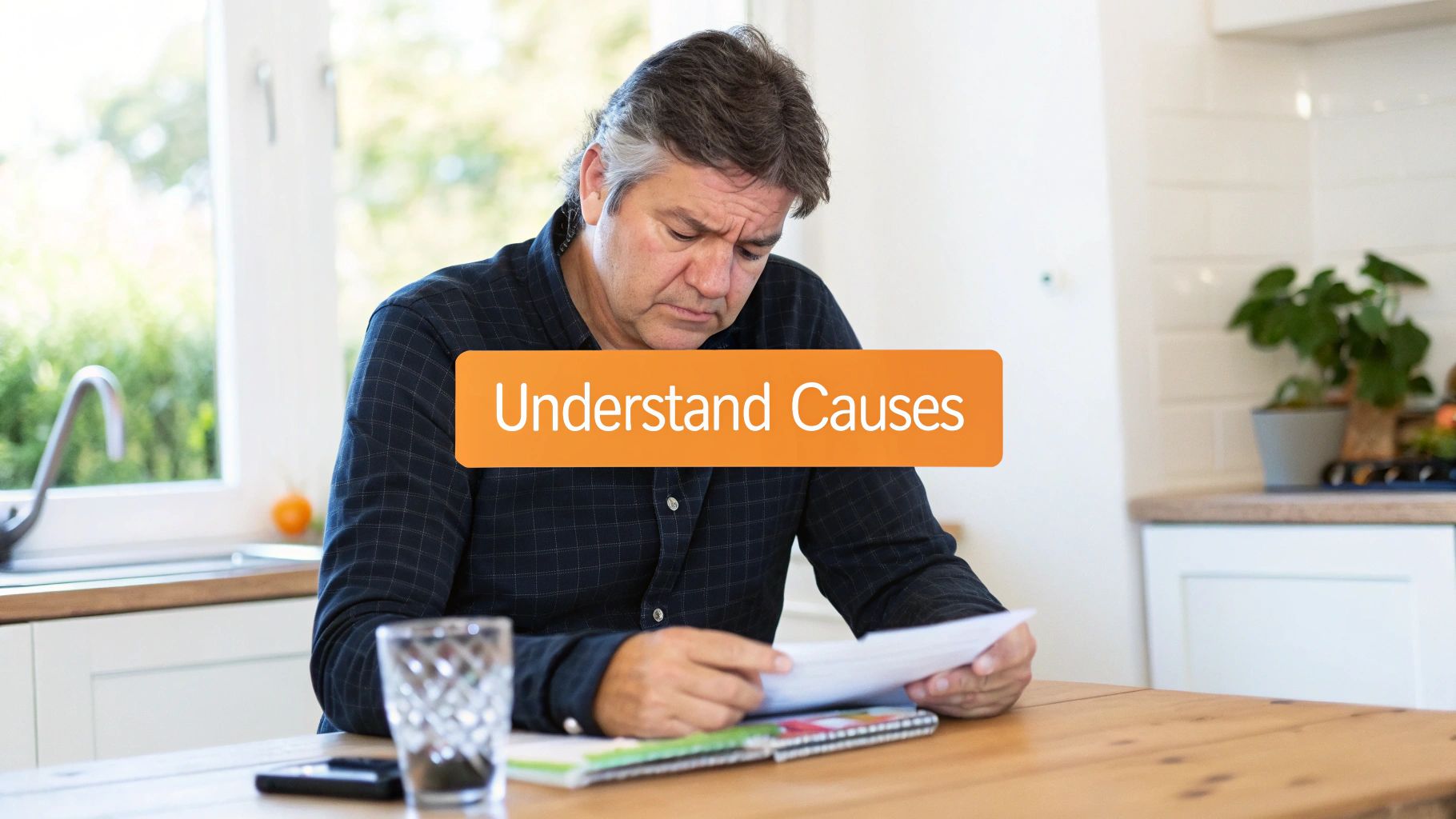 A concerned man reads documents at a kitchen table, trying to understand causes.