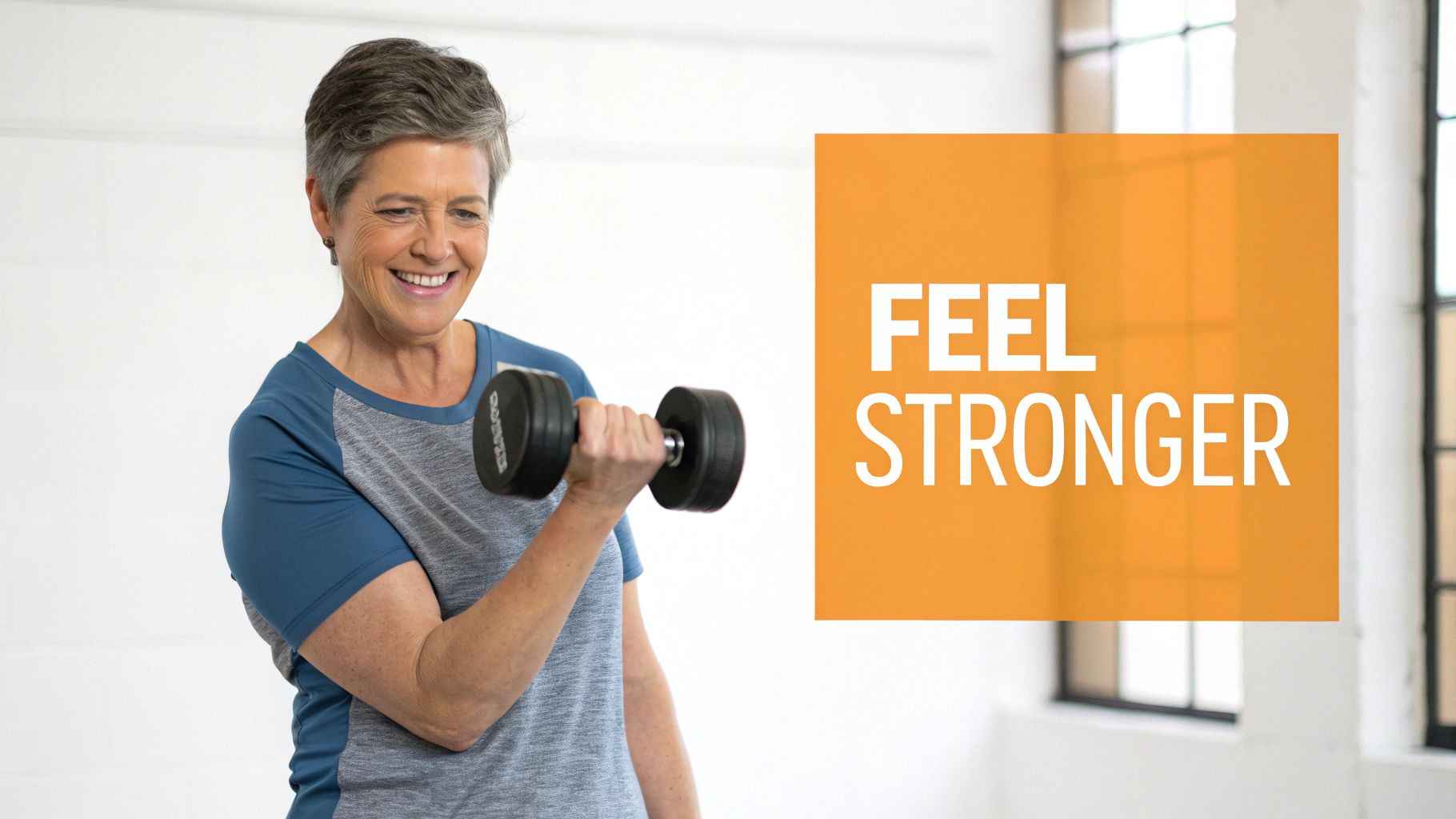Smiling senior woman lifting dumbbell during strength training workout at home gym