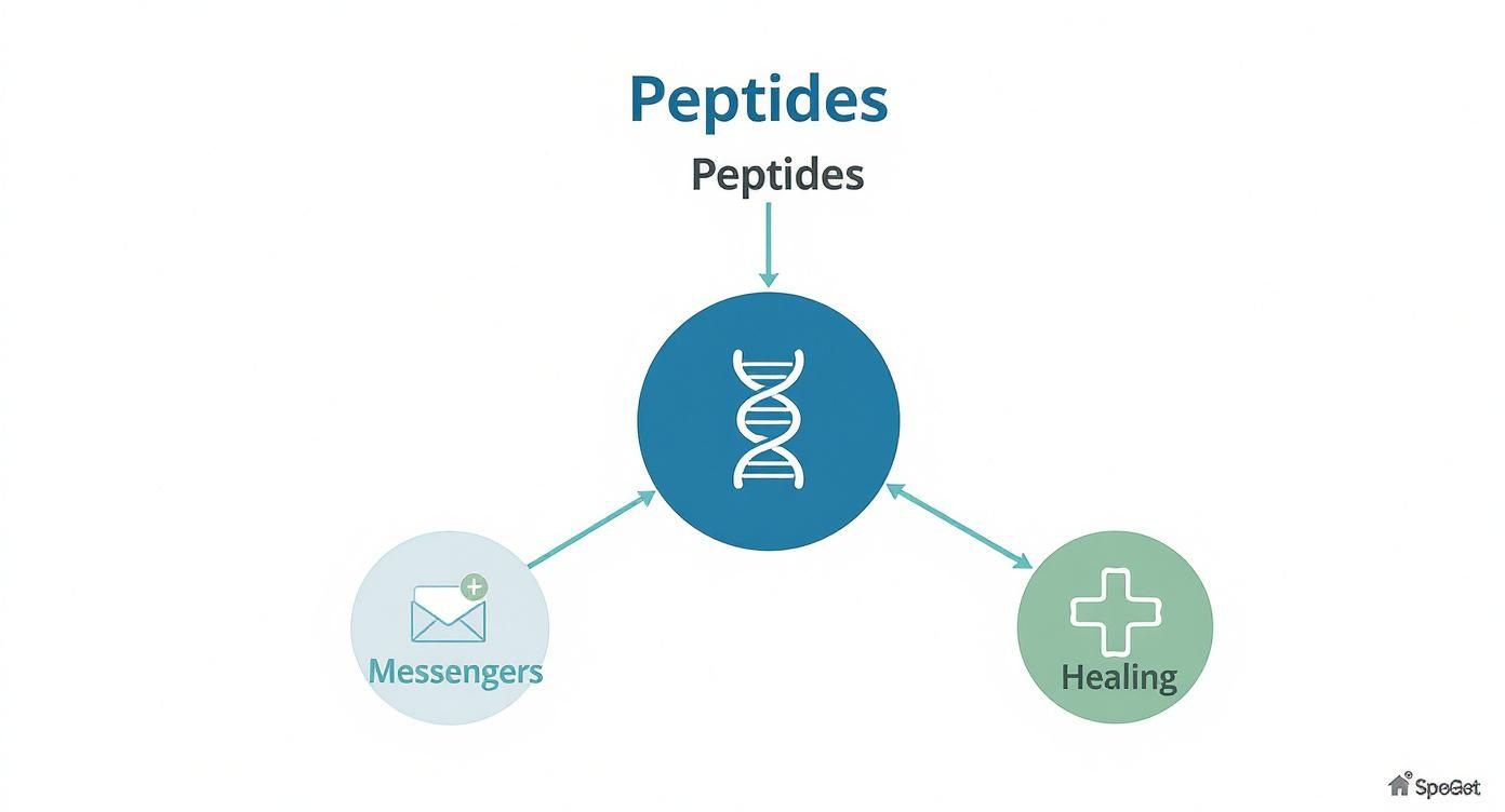 A biological diagram illustrating peptides influencing DNA, cellular messengers, and healing pathways.