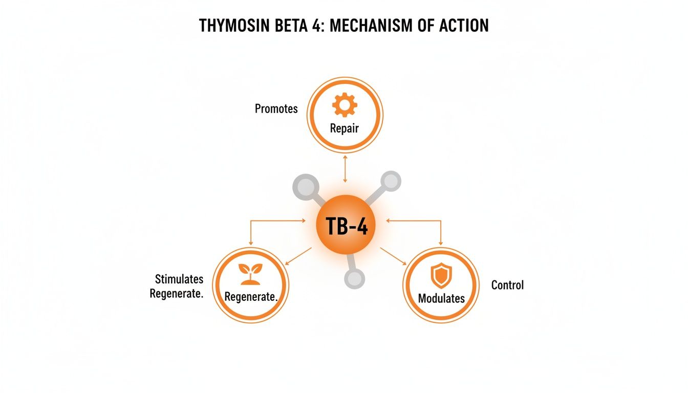 Diagram illustrating Thymosin Beta 4's mechanism of action, showing its role in repair, regeneration, and modulation.