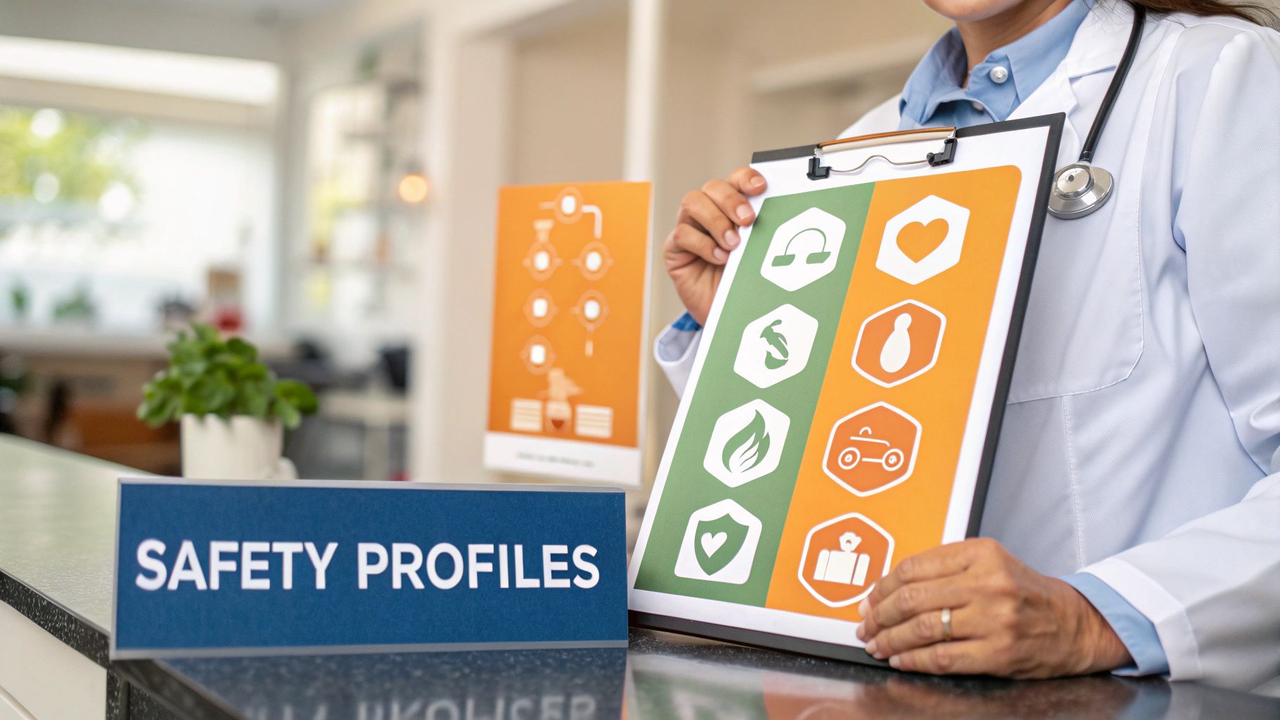 Medical professional holding a clipboard with a safety infographic next to a 'SAFETY PROFILES' sign.