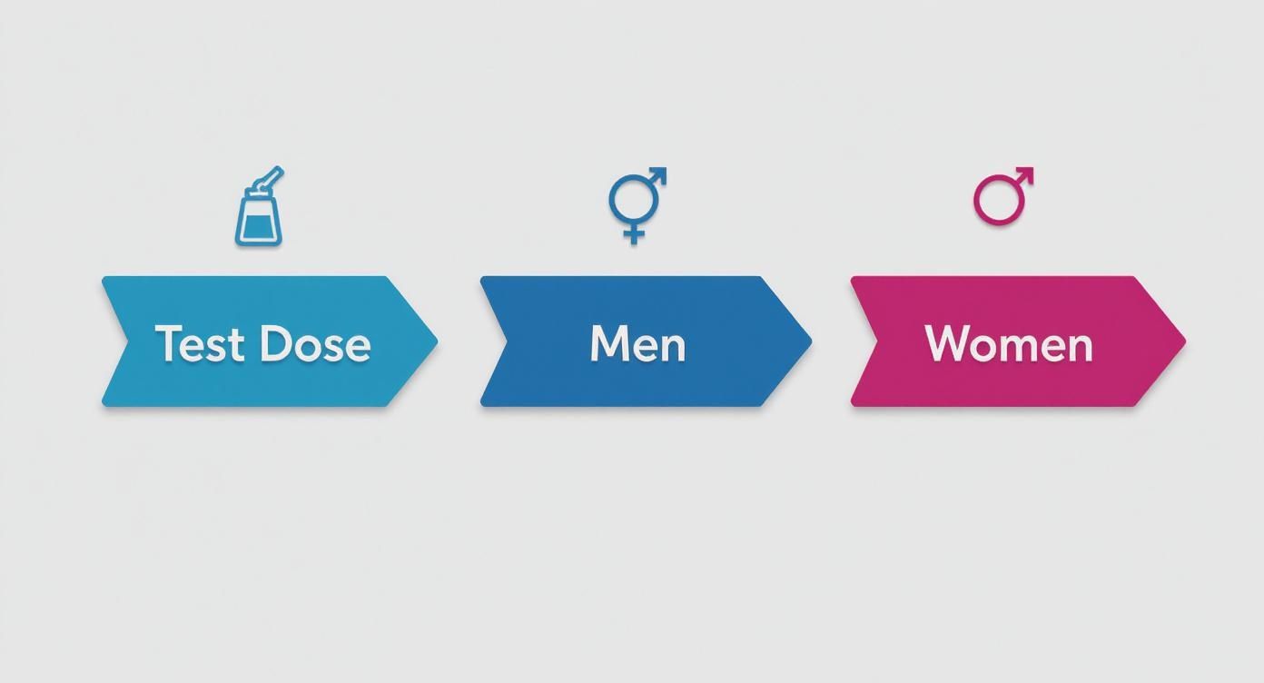 A diagram illustrating a test dose followed by separate considerations for men and women, with respective gender symbols.