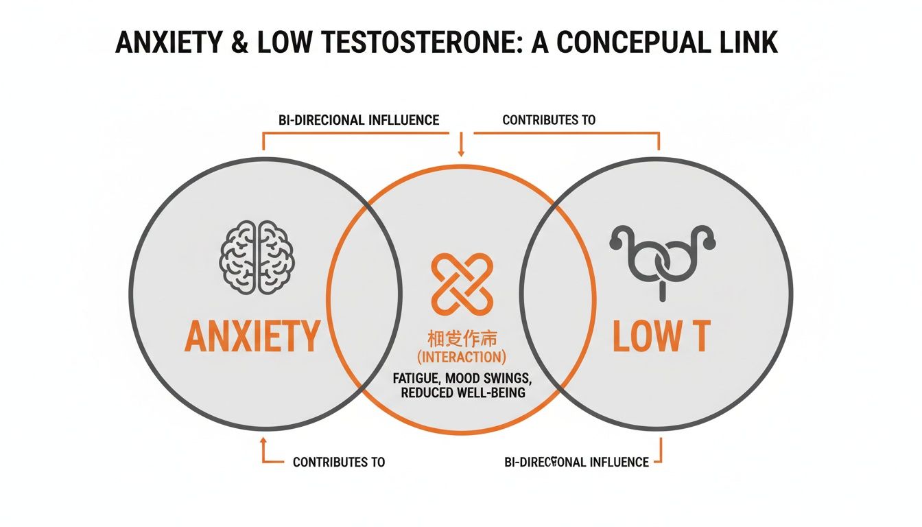 Conceptual Venn diagram illustrating the link and interaction between anxiety and low testosterone.