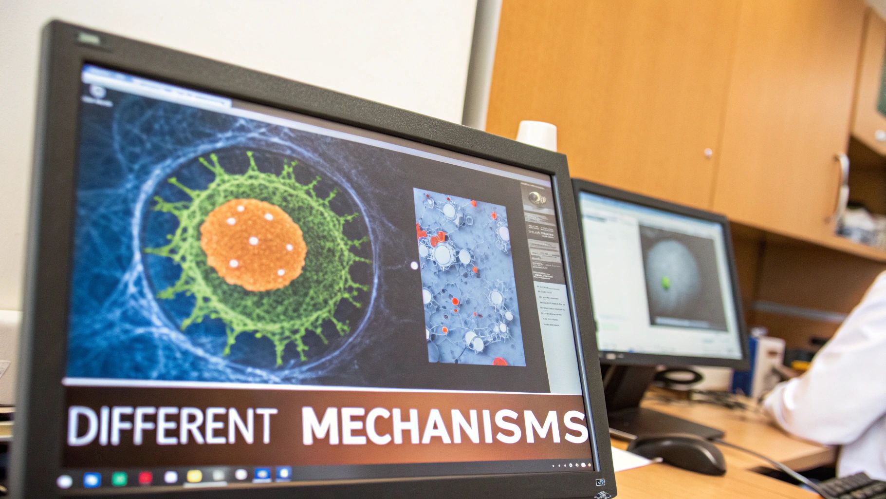 A computer monitor displays vibrant scientific illustrations of cells and research data.