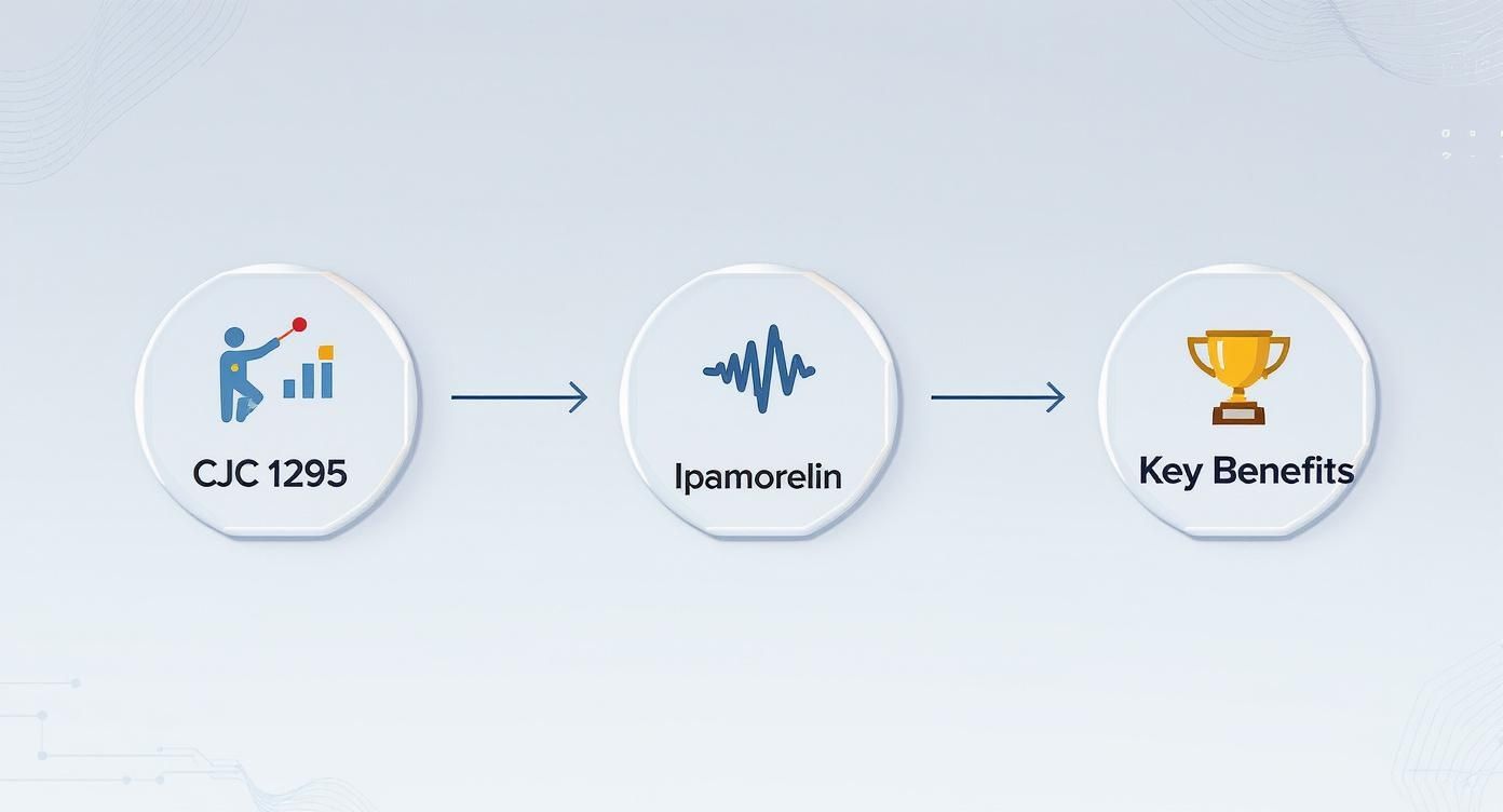 Flow diagram showing CJC 1295 leading to Ipamorelin resulting in key benefits with trophy icon