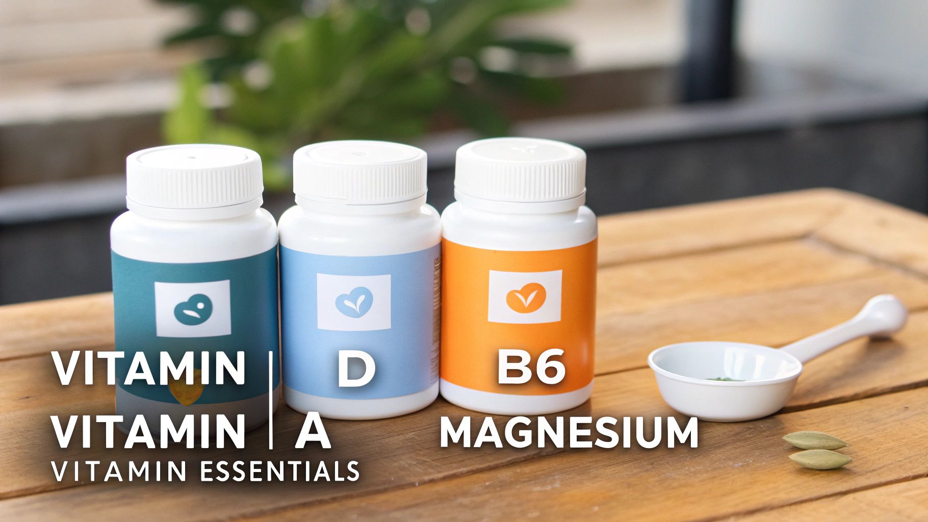 Three white bottles of Vitamin A, D, B6, and Magnesium supplements on a wooden table with a spoon.