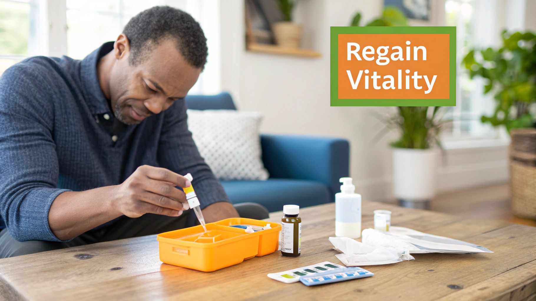 A man carefully prepares medication with a dropper, surrounded by medical supplies on a table, with text 'Regain Vitality'.