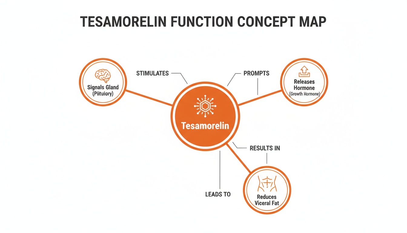 A concept map illustrates Tesamorelin's function, showing its stimulation of the pituitary gland, growth hormone release, and visceral fat reduction.
