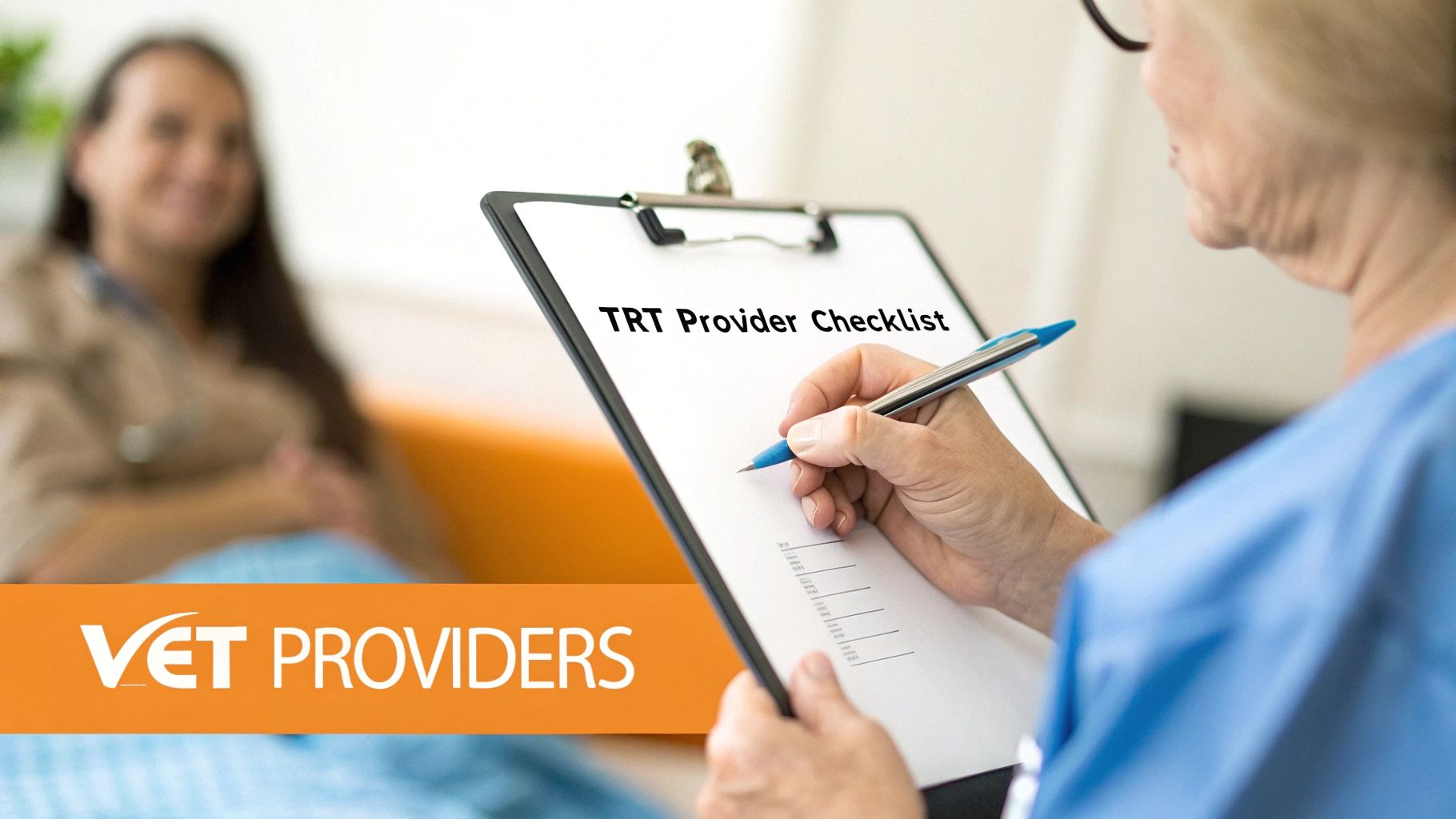 A healthcare provider writes on a 'TRT Provider Checklist' clipboard, with a patient smiling in the background.