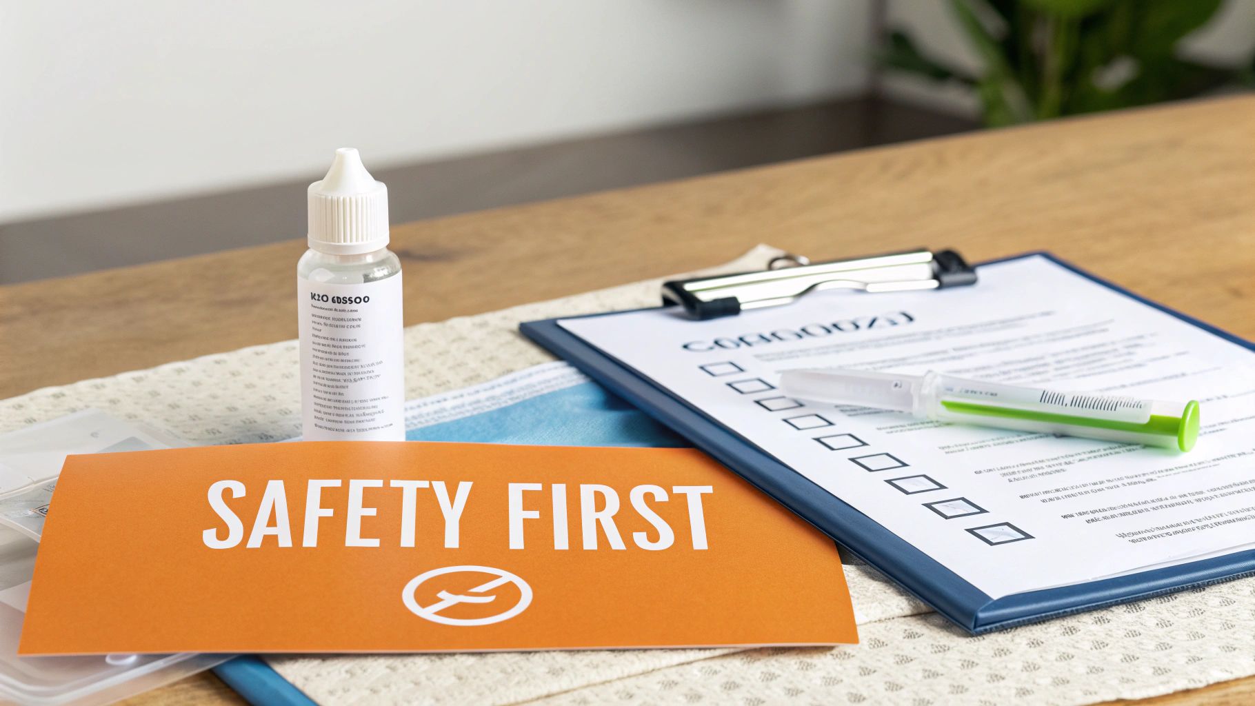 A safety first sign, checklist, small bottle, and syringe on a wooden table, emphasizing health protocols.