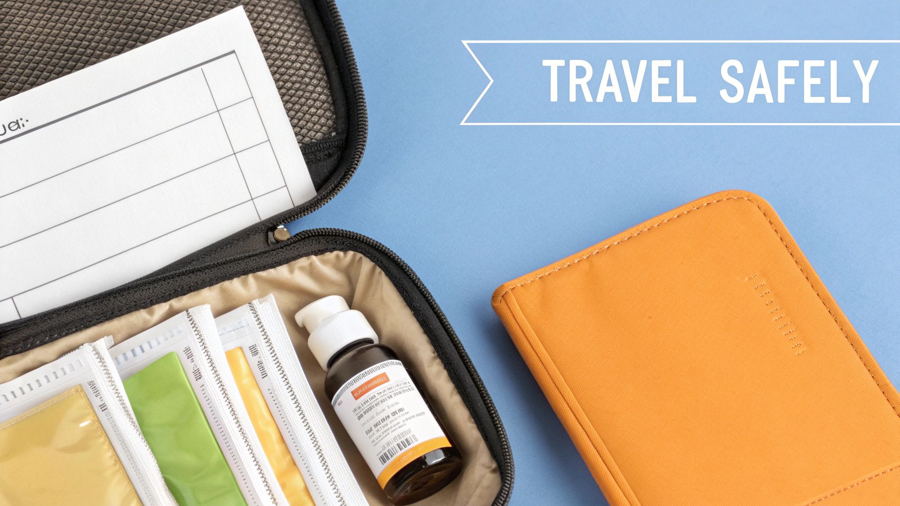 A person safely packing medication for travel in an organized bag.