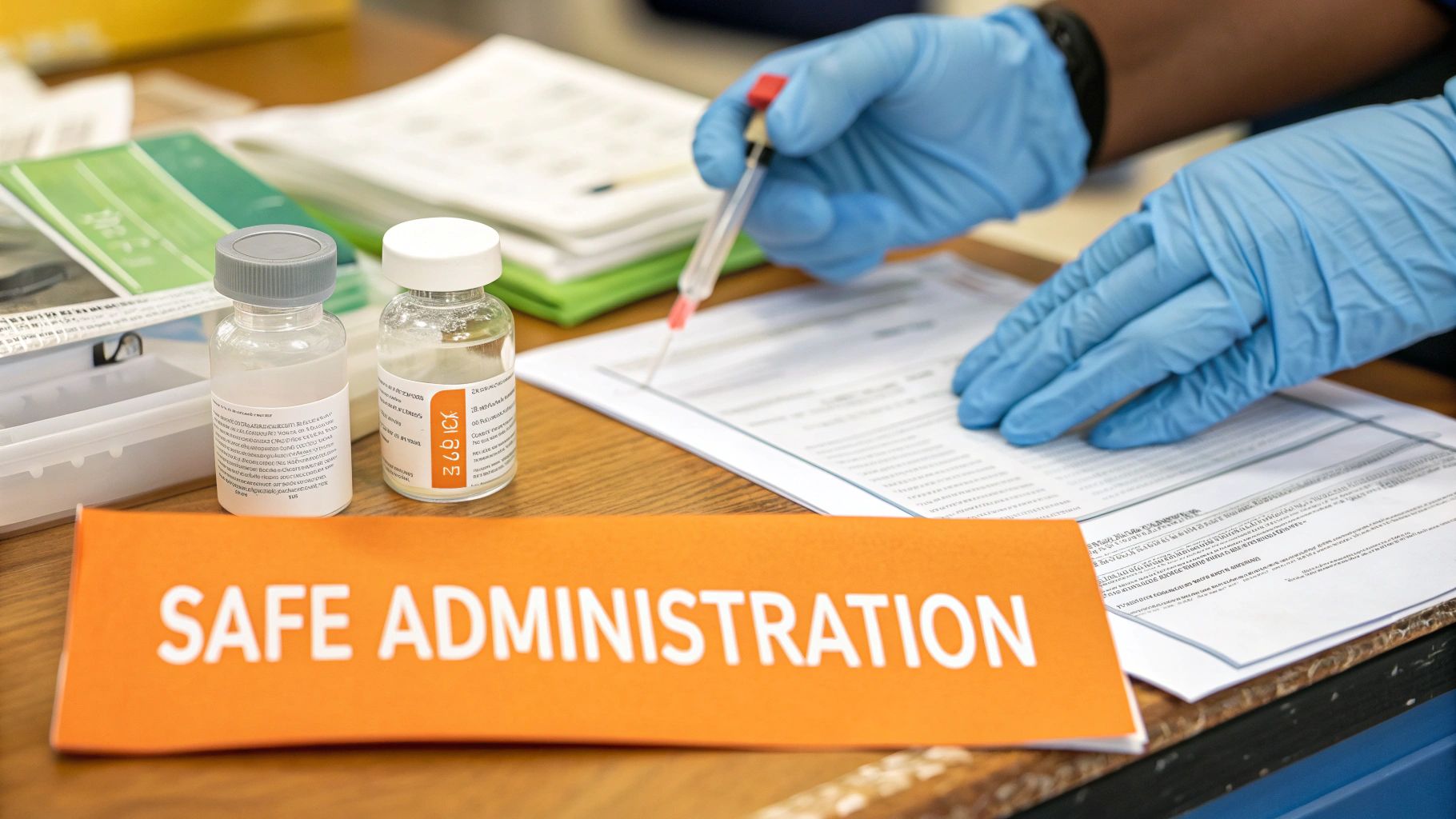 Medical worker in blue gloves prepares a syringe, with vaccine vials and "Safe Administration" sign visible.
