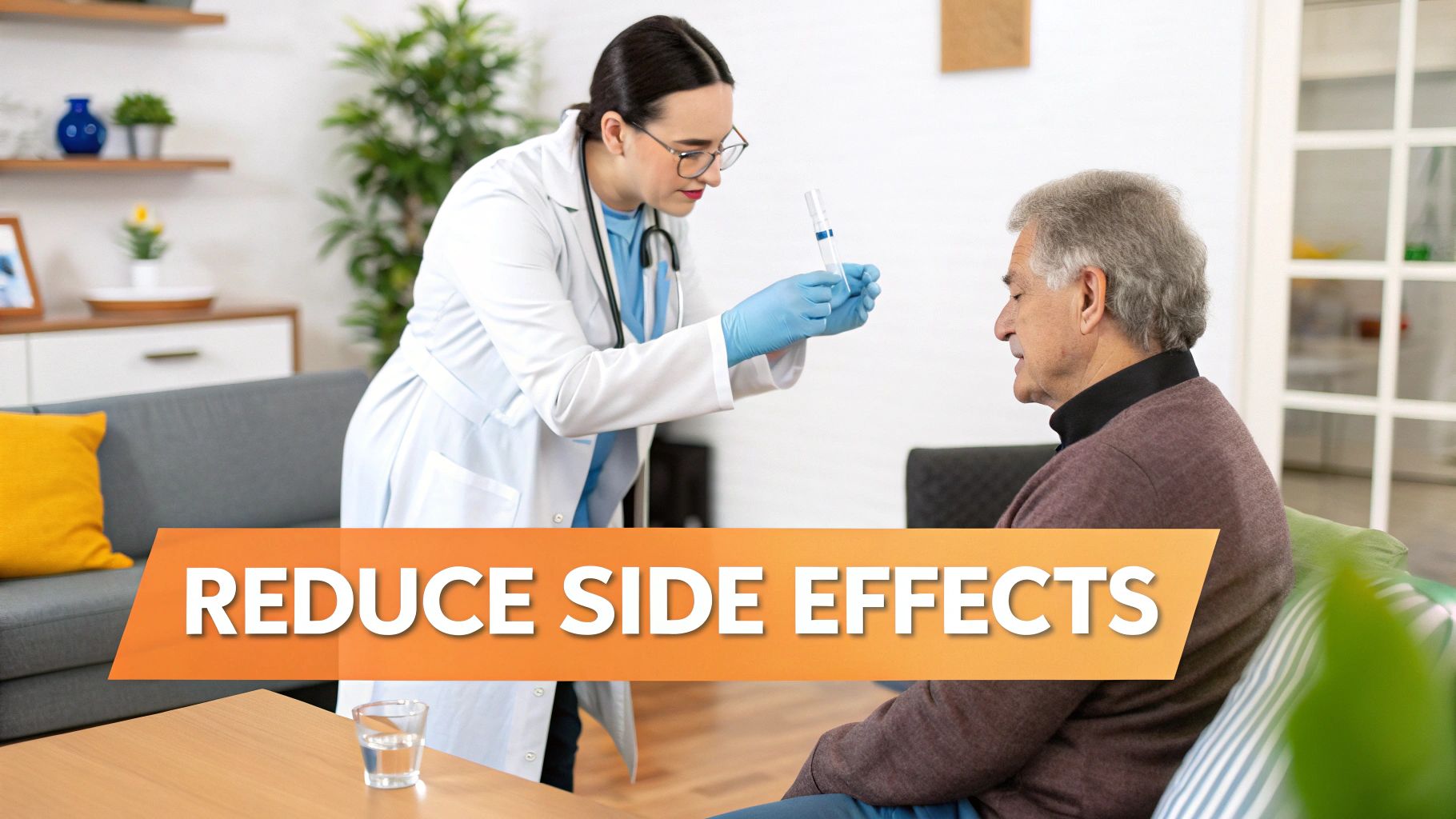Doctor discusses reducing side effects with an elderly man, holding a medical swab.