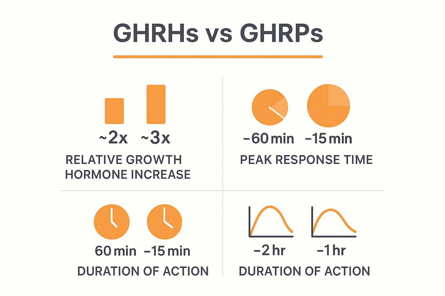 Infographic comparing GHRH and GHRP peptides, showing their relative growth hormone increase, peak response time, and duration of action for muscle growth.