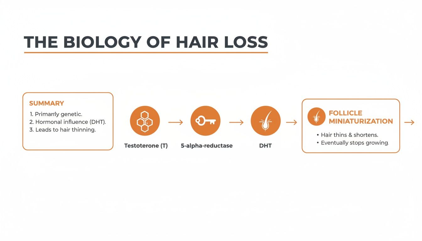 Diagram illustrating the biology of hair loss, showing testosterone conversion to DHT and follicle miniaturization.