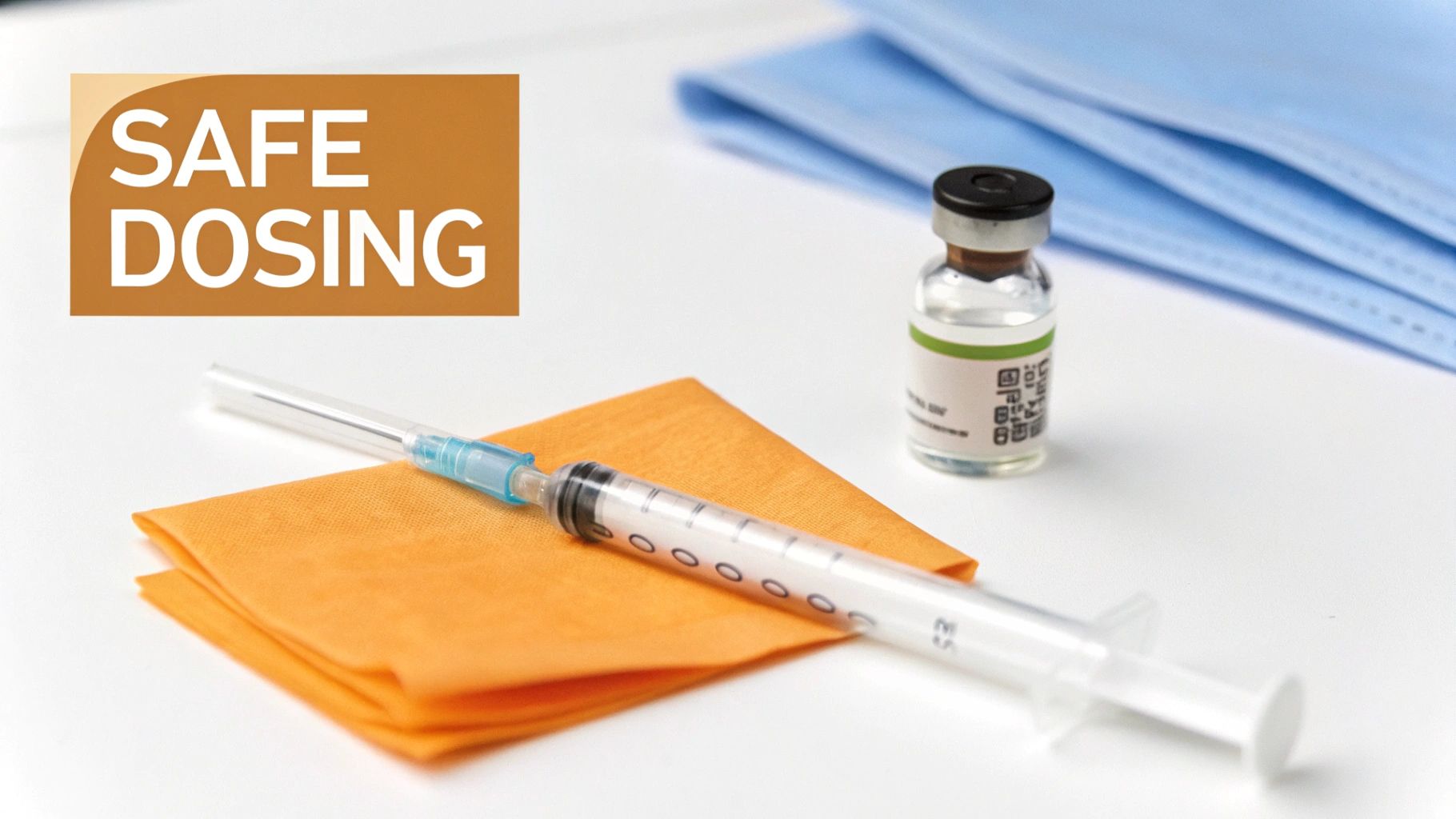 Medical syringe and vial on orange cloth demonstrating safe dosing practices for peptide administration