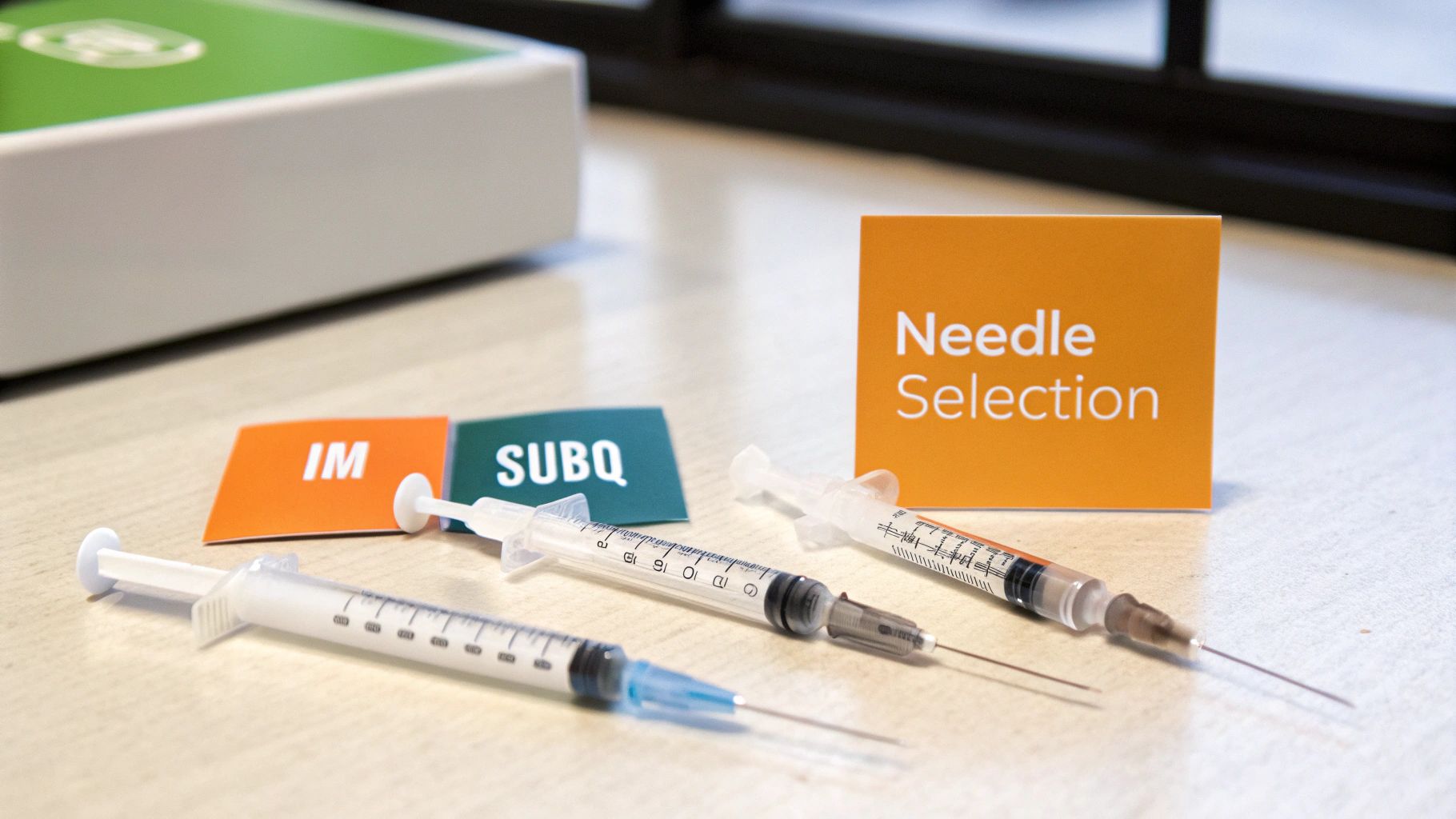 Three syringes with needles are displayed with cards labeled IM, SUBQ, and Needle Selection.